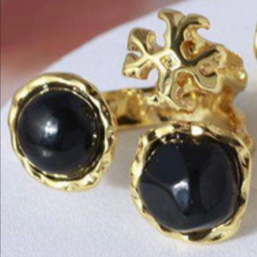 🔥🔥Tory Burch Authentic Roxanne Semiprecious Statement Ring Black And Gold Size 7 - Picture 4 of 16